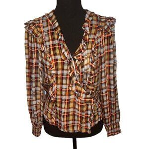 ANTHROPOLOGIE MAEVE Laila Long Sleeve Top Blouse Plaid Chiffon Faux Wrap Sz 10P